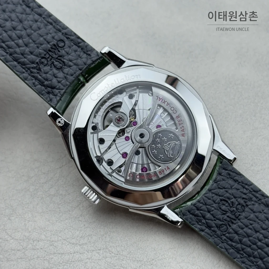 오메가 컨스텔레이션 오토매틱 39.4mm 네이비 블루 그린 가죽 스트랩