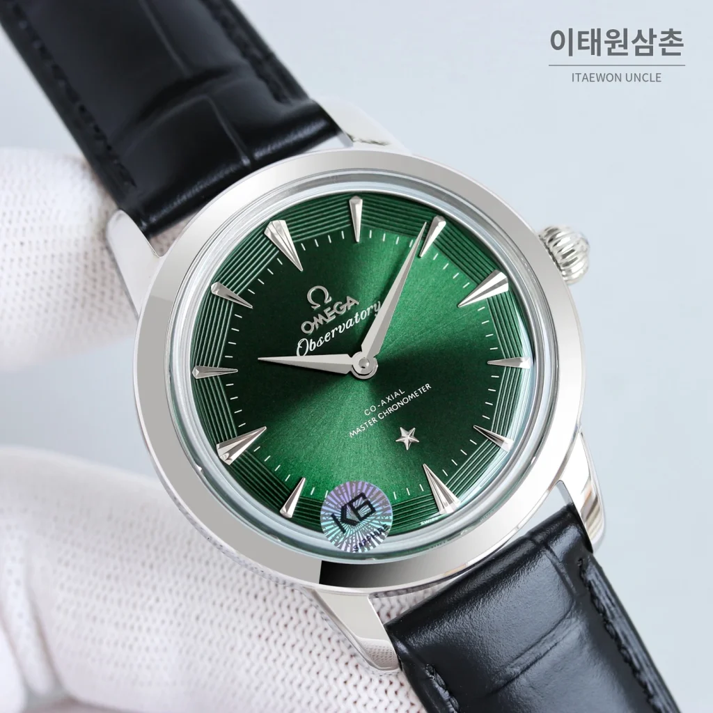 오메가 컨스텔레이션 오토매틱 40mm 그린 다이얼 블랙 가죽 스트랩