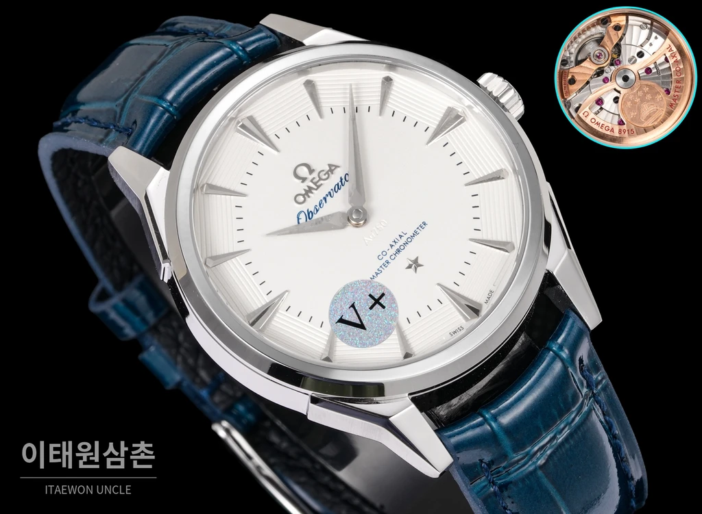 오메가 컨스텔레이션 파이팬 실버 다이얼 블루 스트랩 시계