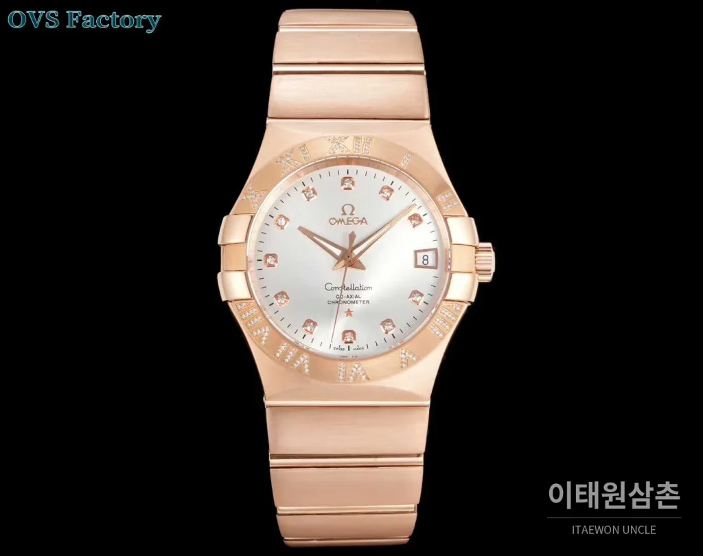 오메가 컨스텔레이션 스틸 골드톤 다이아몬드 로만베젤 데이트 오토매틱 38mm 골드 / 실버 로즈골드 브레이슬릿