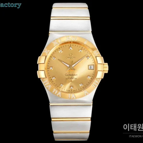 오메가 컨스텔레이션 스틸 골드톤 다이아몬드 로만베젤 데이트 오토매틱 38mm 골드 / 실버 투톤 브레이슬릿 (2)