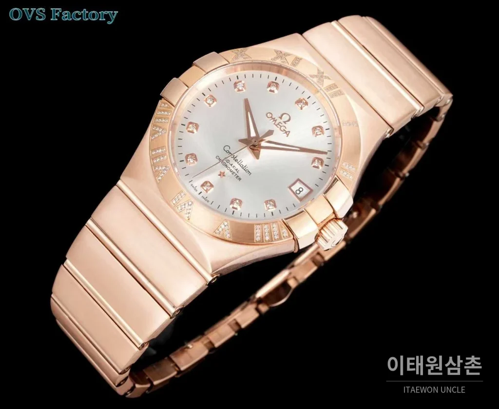 오메가 컨스텔레이션 스틸 골드톤 다이아몬드 로만베젤 데이트 오토매틱 38mm 골드 / 실버 로즈골드 브레이슬릿