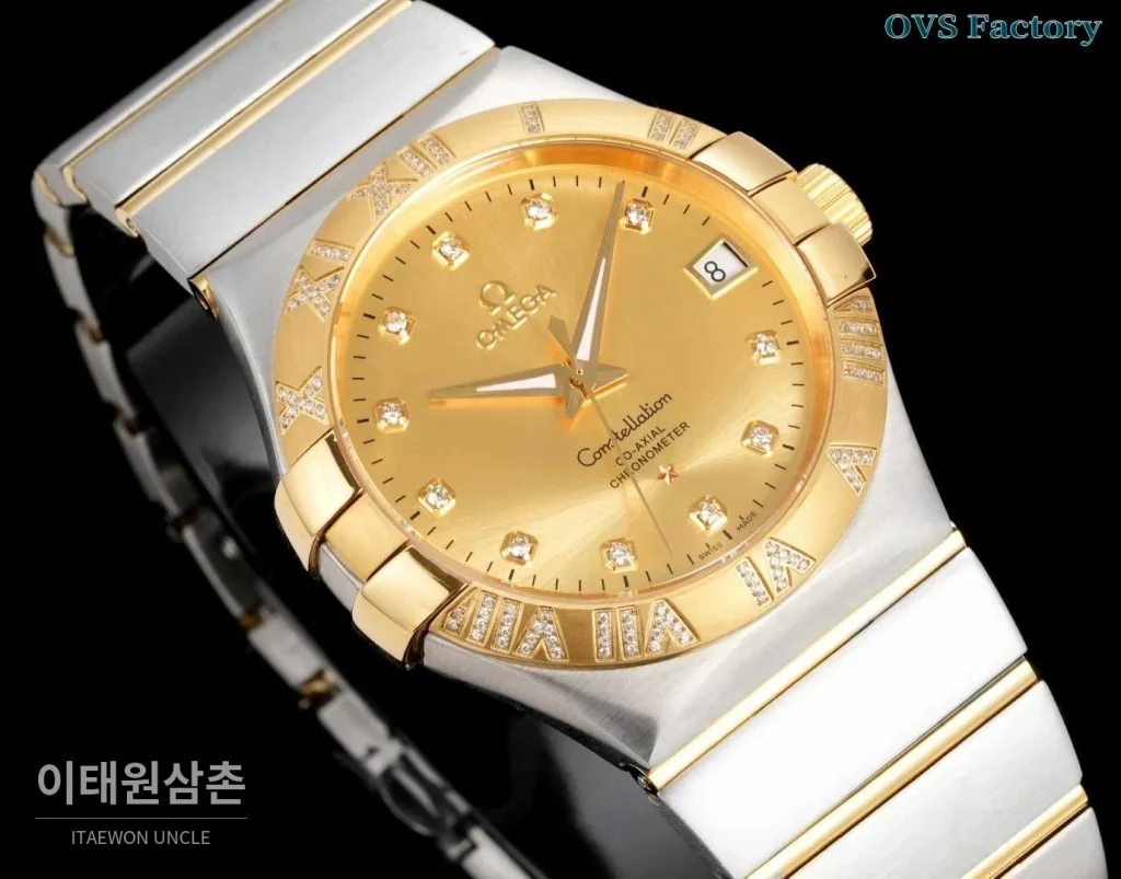 오메가 컨스텔레이션 스틸 골드톤 다이아몬드 로만베젤 데이트 오토매틱 38mm 골드 / 실버 투톤 브레이슬릿 (2)