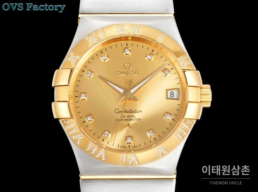 오메가 컨스텔레이션 스틸 골드톤 다이아몬드 로만베젤 데이트 오토매틱 38mm 골드 / 실버 투톤 브레이슬릿 (2)