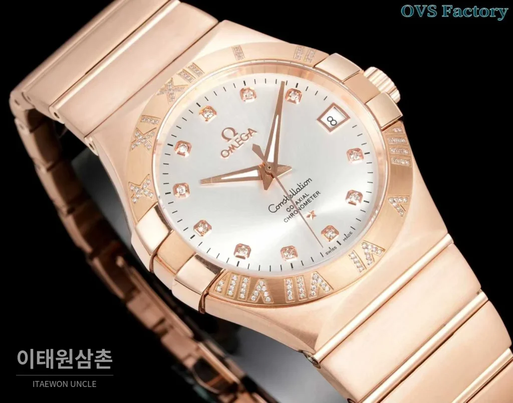 오메가 컨스텔레이션 스틸 골드톤 다이아몬드 로만베젤 데이트 오토매틱 38mm 골드 / 실버 로즈골드 브레이슬릿