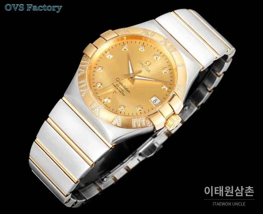 오메가 컨스텔레이션 스틸 골드톤 다이아몬드 로만베젤 데이트 오토매틱 38mm 골드 / 실버 투톤 브레이슬릿 (2)