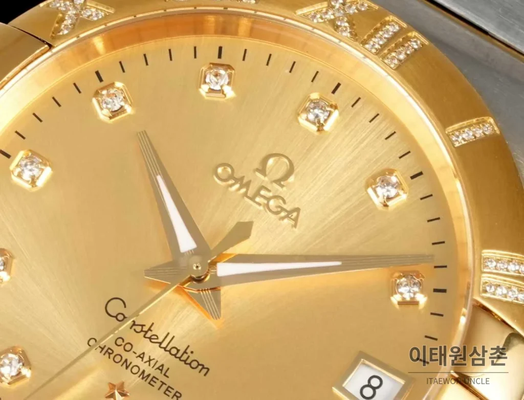 오메가 컨스텔레이션 스틸 골드톤 다이아몬드 로만베젤 데이트 오토매틱 38mm 골드 / 실버 투톤 브레이슬릿 (2)