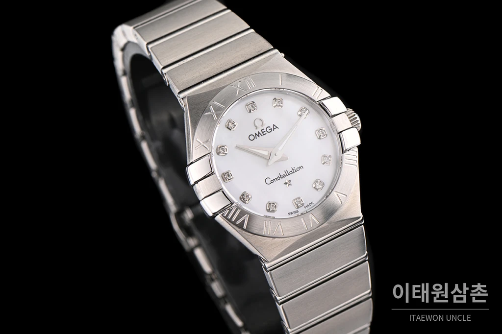 오메가 컨스텔레이션 4세대 실버 스틸 로마 숫자 베젤 화이트 스톤 인덱스 쿼츠 시계 27mm