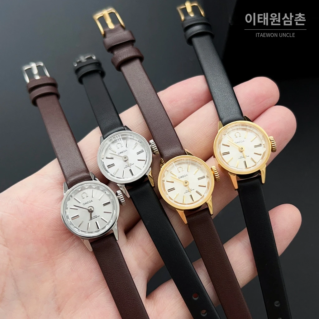 오메가 드빌 칼레이도스코프 다이아몬드컷 미니 여성시계 18.5mm 화이트 다이얼 브라운 가죽 스트랩