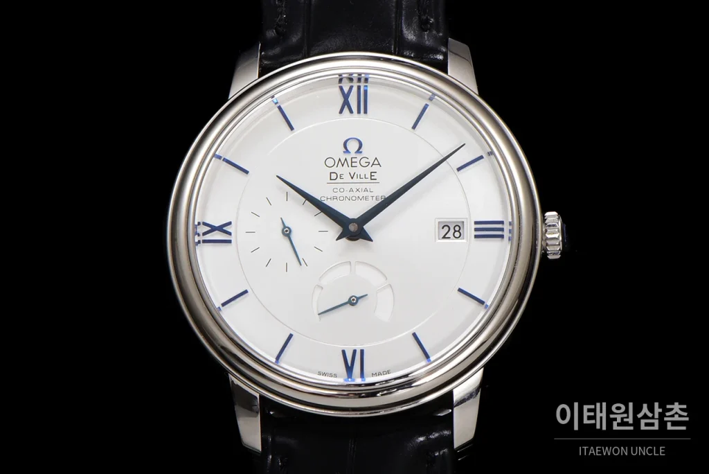 오메가 드빌 파워리저브 데이트 스몰세컨즈 오토매틱 39.5mm 실버 블랙 가죽 스트랩 (2)