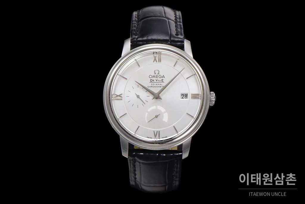 오메가 드빌 파워리저브 데이트 스몰세컨즈 오토매틱 39.5mm 실버 블랙 가죽 스트랩