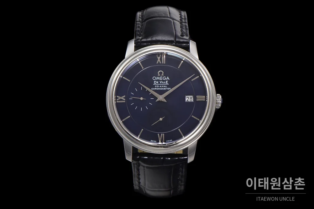 오메가 드빌 파워리저브 데이트 스몰세컨즈 오토매틱 39.5mm 실버 블랙 가죽 스트랩 (3)