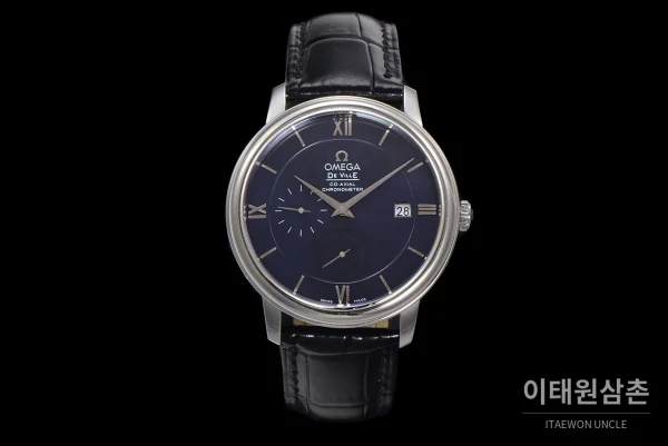 오메가 드빌 파워리저브 데이트 스몰세컨즈 오토매틱 39.5mm 실버 블랙 가죽 스트랩 (3)