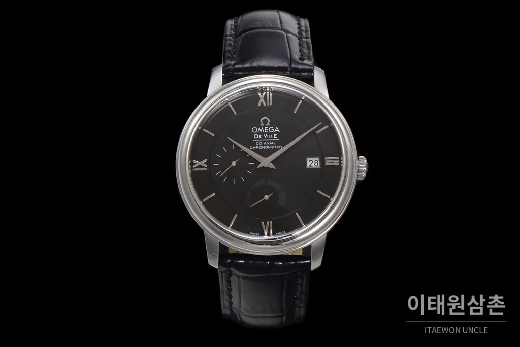 오메가 드빌 파워리저브 데이트 스몰세컨즈 오토매틱 39.5mm 실버 블랙 가죽 스트랩 (4)