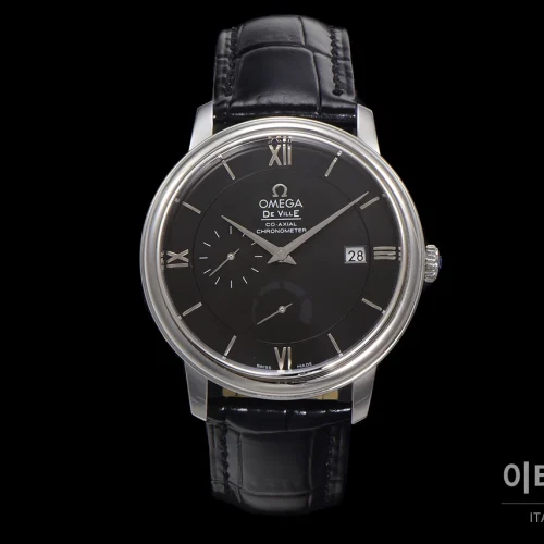 오메가 드빌 파워리저브 데이트 스몰세컨즈 오토매틱 39.5mm 실버 블랙 가죽 스트랩 (4)