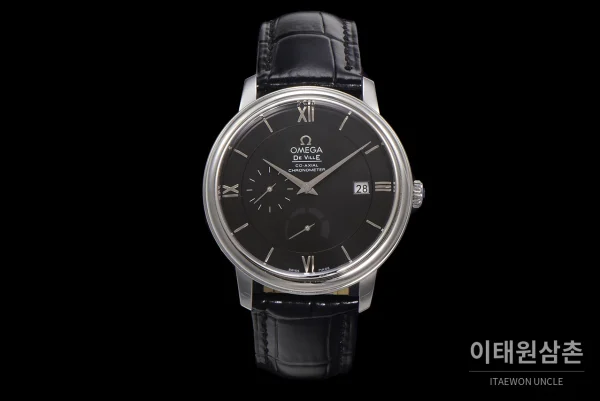 오메가 드빌 파워리저브 데이트 스몰세컨즈 오토매틱 39.5mm 실버 블랙 가죽 스트랩 (4)
