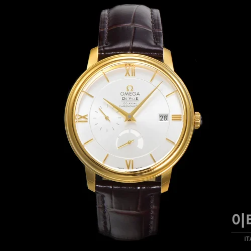 오메가 드빌 파워리저브 데이트 스몰세컨즈 오토매틱 39.5mm 실버 브라운 가죽 스트랩 골드 베젤