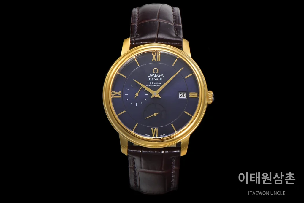오메가 드빌 파워리저브 데이트 스몰세컨즈 오토매틱 39.5mm 실버 브라운 가죽 스트랩 골드 베젤 (2)