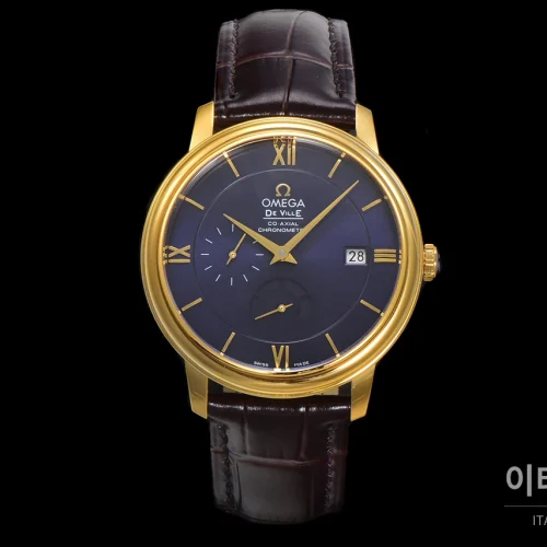 오메가 드빌 파워리저브 데이트 스몰세컨즈 오토매틱 39.5mm 실버 브라운 가죽 스트랩 골드 베젤 (2)