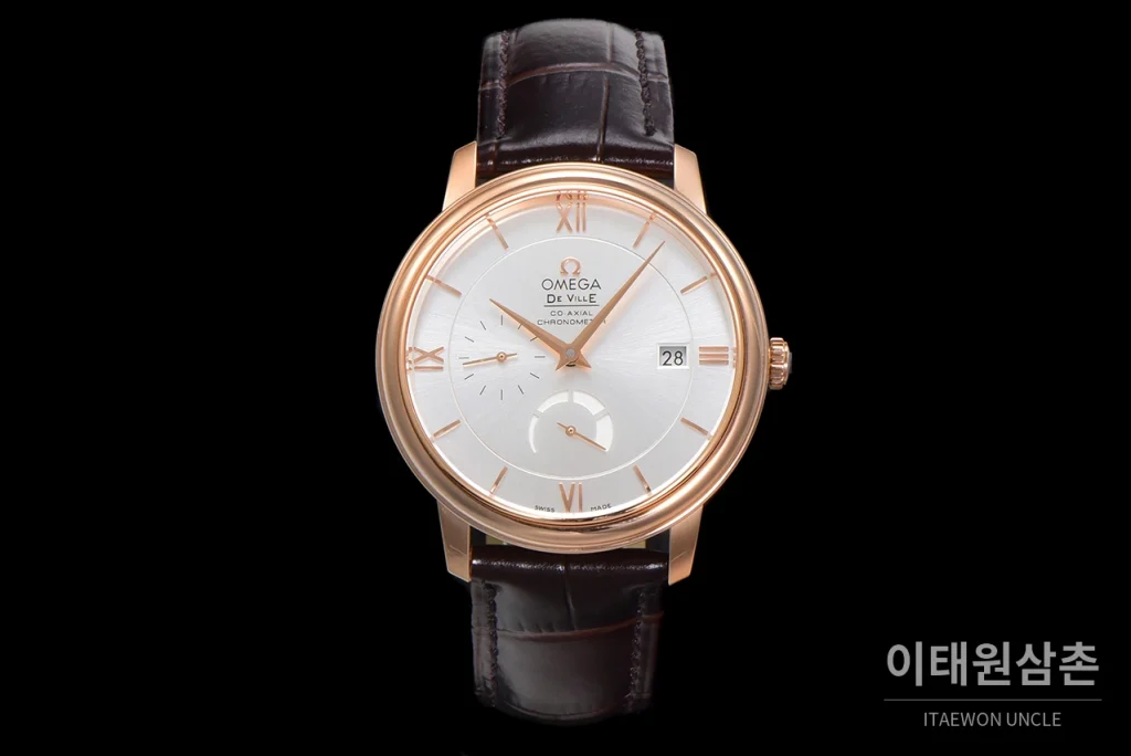 오메가 드빌 파워리저브 데이트 스몰세컨즈 오토매틱 39.5mm 실버 브라운 가죽 스트랩 로즈골드 베젤
