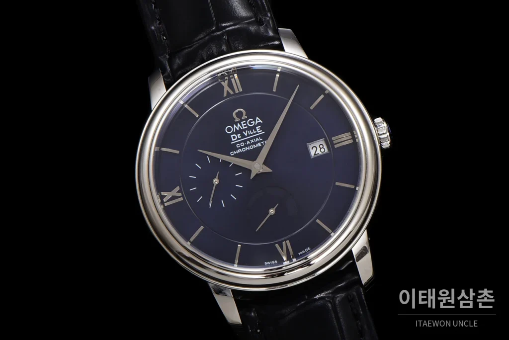 오메가 드빌 파워리저브 데이트 스몰세컨즈 오토매틱 39.5mm 실버 블랙 가죽 스트랩 (3)