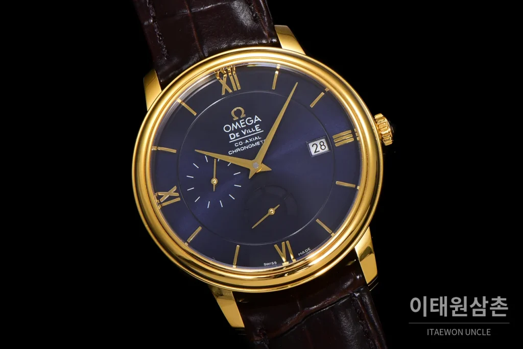 오메가 드빌 파워리저브 데이트 스몰세컨즈 오토매틱 39.5mm 실버 브라운 가죽 스트랩 골드 베젤 (2)