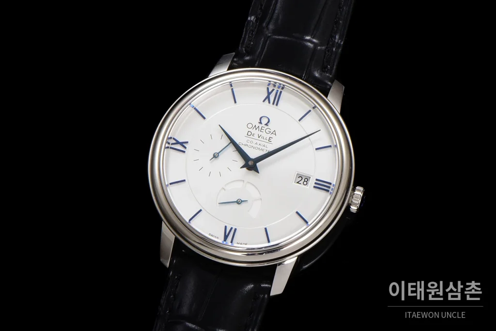 오메가 드빌 파워리저브 데이트 스몰세컨즈 오토매틱 39.5mm 실버 블랙 가죽 스트랩 (2)