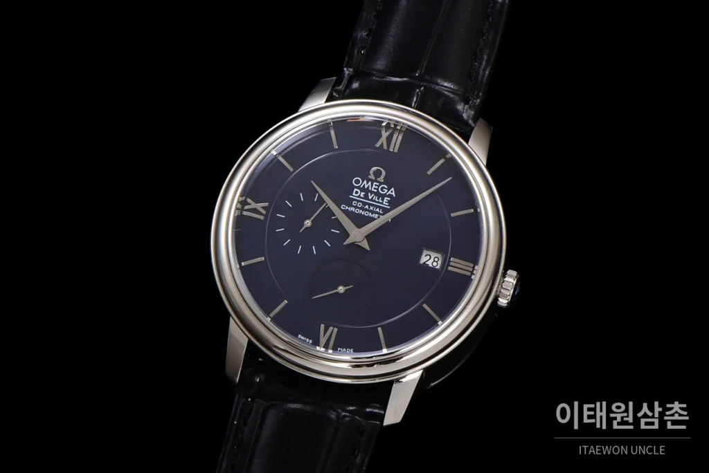 오메가 드빌 파워리저브 데이트 스몰세컨즈 오토매틱 39.5mm 실버 블랙 가죽 스트랩 (3)