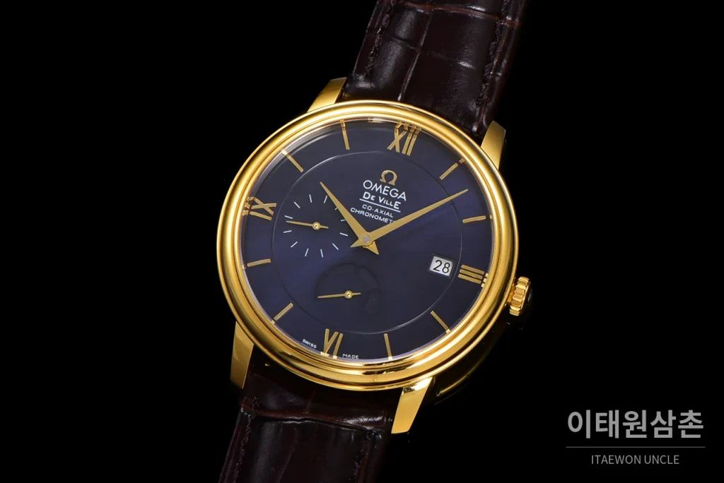 오메가 드빌 파워리저브 데이트 스몰세컨즈 오토매틱 39.5mm 실버 브라운 가죽 스트랩 골드 베젤 (2)