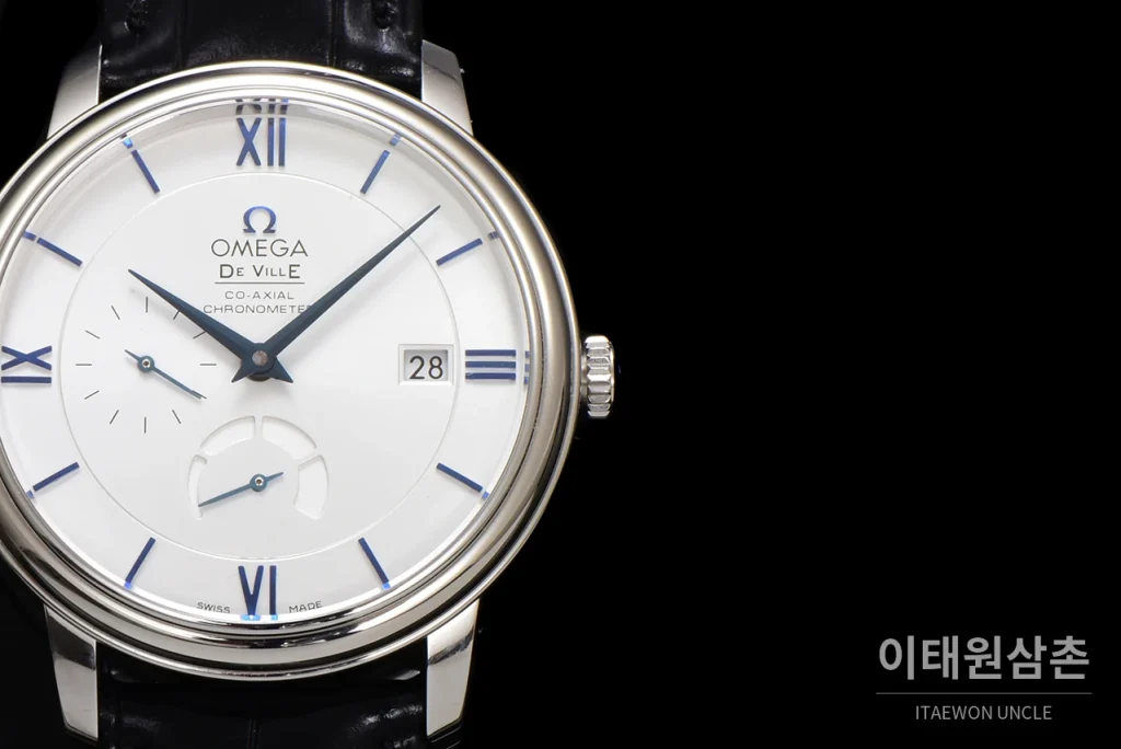 오메가 드빌 파워리저브 데이트 스몰세컨즈 오토매틱 39.5mm 실버 블랙 가죽 스트랩 (2)
