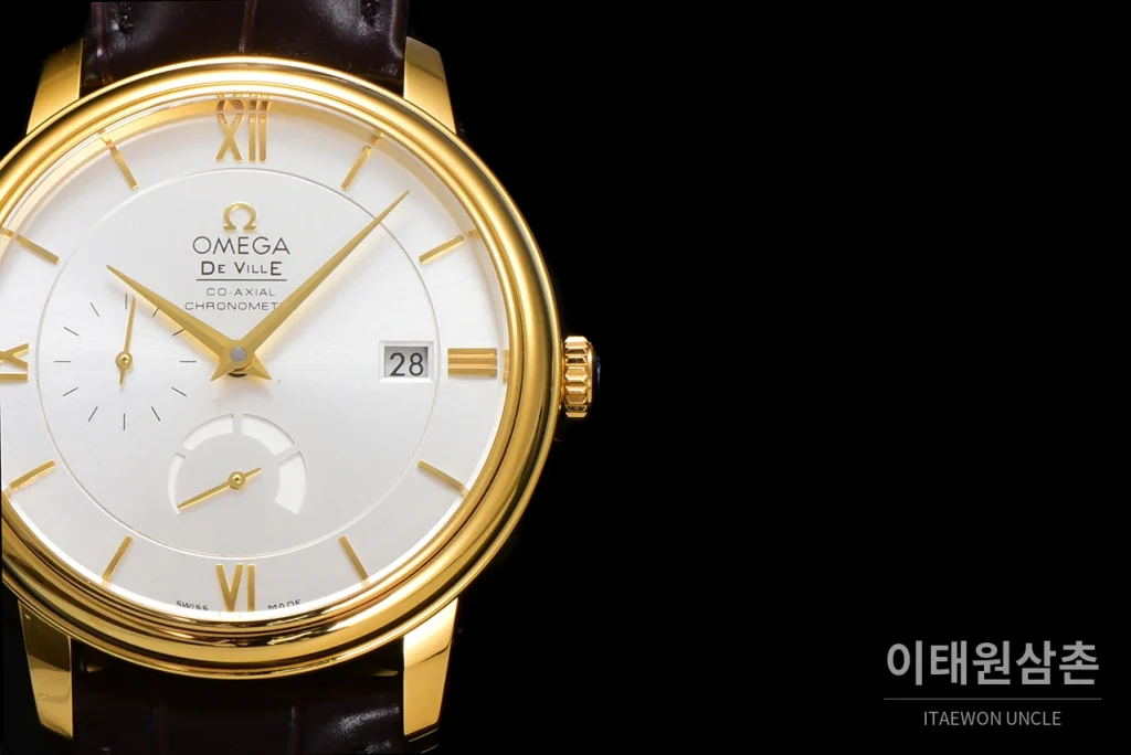 오메가 드빌 파워리저브 데이트 스몰세컨즈 오토매틱 39.5mm 실버 브라운 가죽 스트랩 골드 베젤
