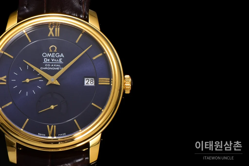 오메가 드빌 파워리저브 데이트 스몰세컨즈 오토매틱 39.5mm 실버 브라운 가죽 스트랩 골드 베젤 (2)