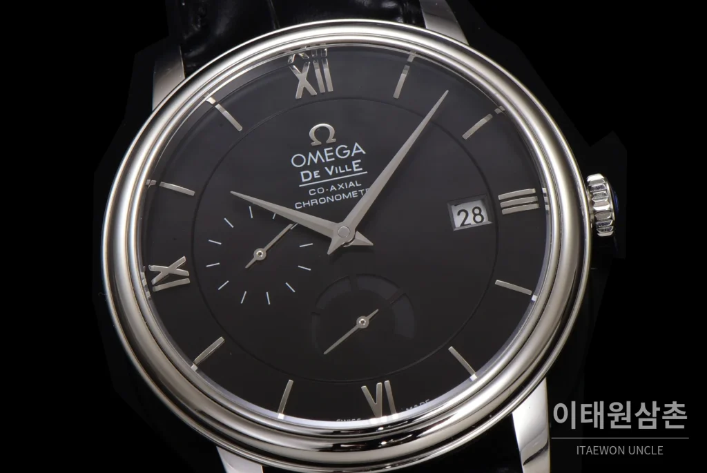 오메가 드빌 파워리저브 데이트 스몰세컨즈 오토매틱 39.5mm 실버 블랙 가죽 스트랩 (4)
