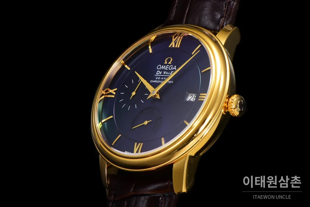 오메가 드빌 파워리저브 데이트 스몰세컨즈 오토매틱 39.5mm 실버 브라운 가죽 스트랩 골드 베젤 (2)