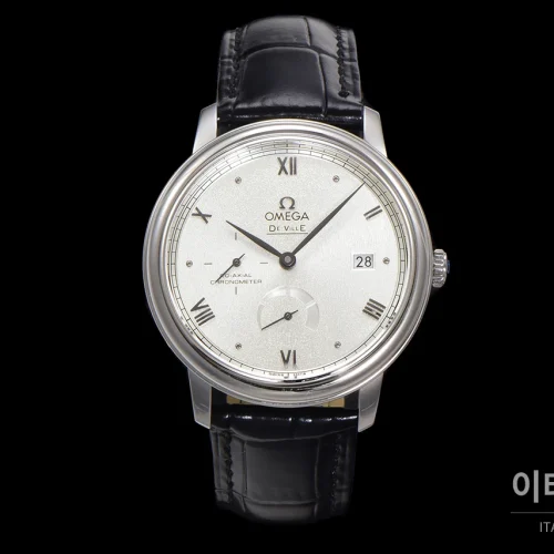 오메가 드빌 파워리저브 스몰세컨즈 데이트 오토매틱 39.5mm 실버 블랙 가죽 스트랩 (2)