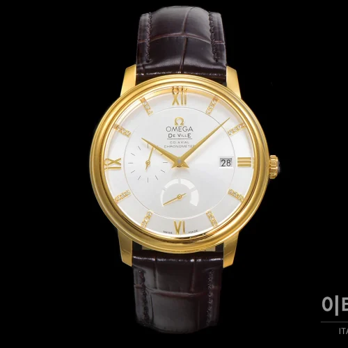 오메가 드빌 파워리저브 스몰세컨즈 데이트 오토매틱 39.5mm 실버 브라운 가죽 스트랩 골드 베젤