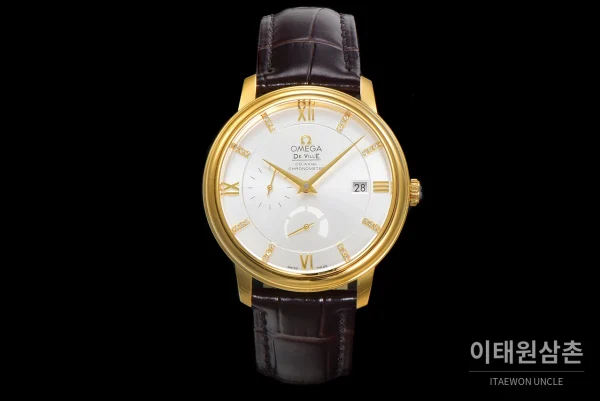 오메가 드빌 파워리저브 스몰세컨즈 데이트 오토매틱 39.5mm 실버 브라운 가죽 스트랩 골드 베젤