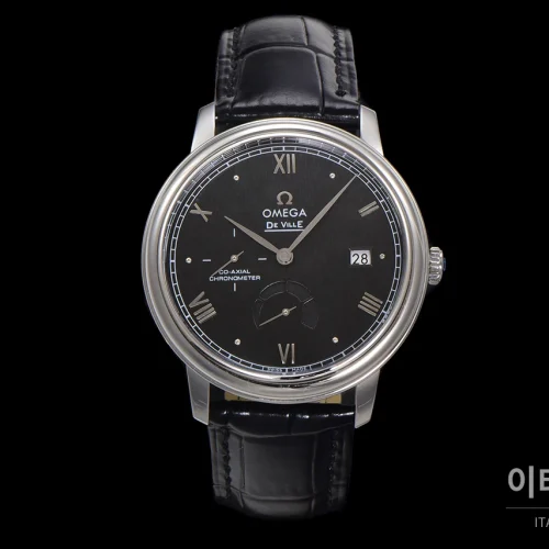 오메가 드빌 파워리저브 스몰세컨즈 데이트 오토매틱 39.5mm 실버 블랙 가죽 스트랩 (3)