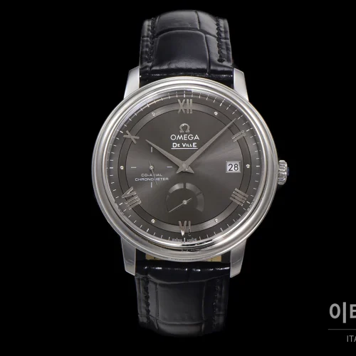 오메가 드빌 파워리저브 스몰세컨즈 데이트 오토매틱 39.5mm 실버 블랙 가죽 스트랩 (4)