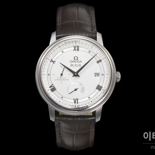 오메가 드빌 파워리저브 스몰세컨즈 데이트 오토매틱 39.5mm 실버 그레이 가죽 스트랩