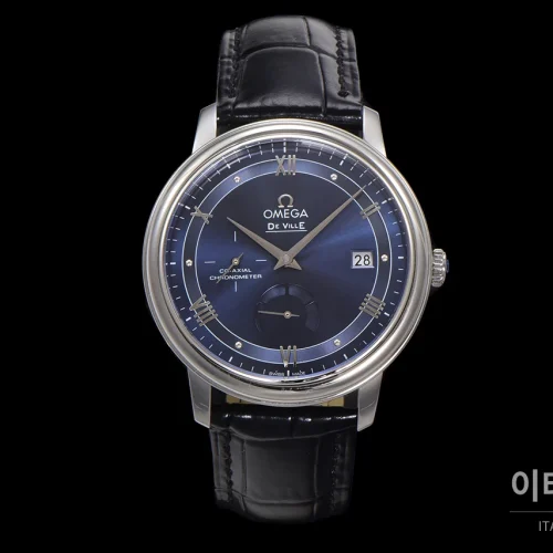 오메가 드빌 파워리저브 스몰세컨즈 데이트 오토매틱 39.5mm 실버 블랙 가죽 스트랩