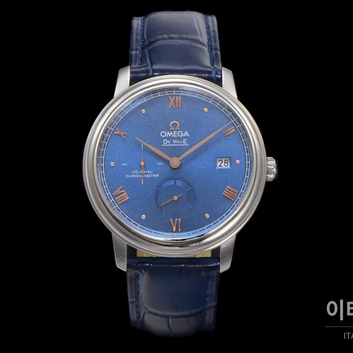 오메가 드빌 파워리저브 스몰세컨즈 데이트 오토매틱 39.5mm 실버 네이비 가죽 스트랩 (2)