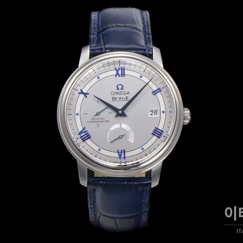 오메가 드빌 파워리저브 스몰세컨즈 데이트 오토매틱 39.5mm 실버 네이비 가죽 스트랩 (3)