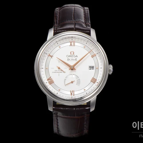 오메가 드빌 파워리저브 스몰세컨즈 데이트 오토매틱 39.5mm 실버 브라운 가죽 스트랩
