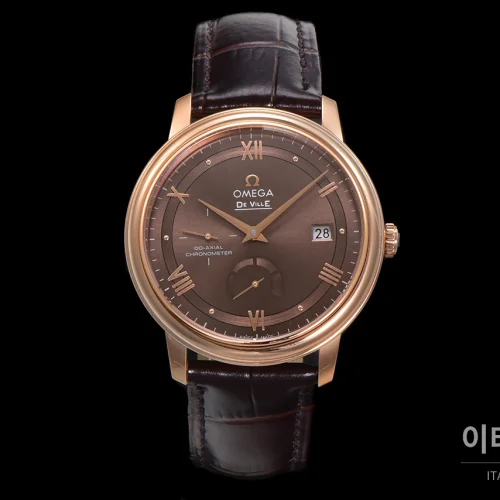 오메가 드빌 파워리저브 스몰세컨즈 데이트 오토매틱 39.5mm 실버 브라운 가죽 스트랩 로즈골드 베젤