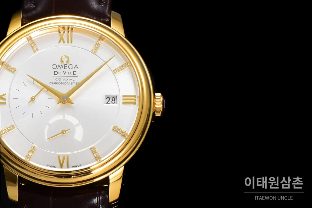 오메가 드빌 파워리저브 스몰세컨즈 데이트 오토매틱 39.5mm 실버 브라운 가죽 스트랩 골드 베젤