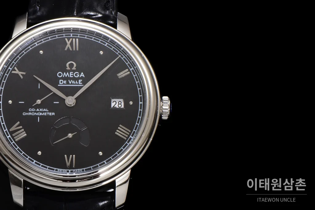 오메가 드빌 파워리저브 스몰세컨즈 데이트 오토매틱 39.5mm 실버 블랙 가죽 스트랩 (3)
