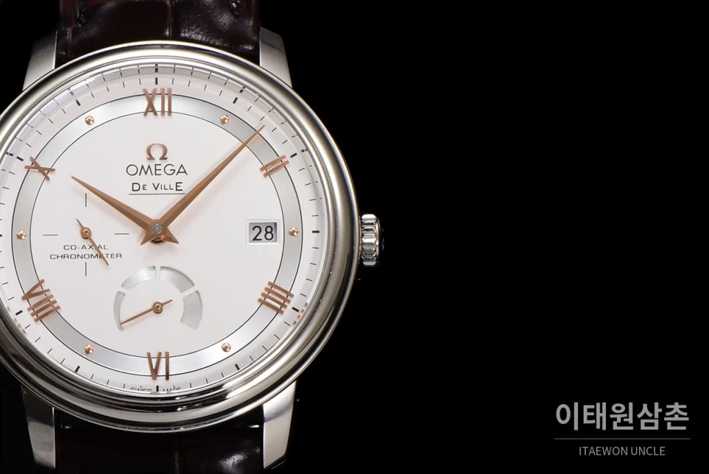 오메가 드빌 파워리저브 스몰세컨즈 데이트 오토매틱 39.5mm 실버 브라운 가죽 스트랩