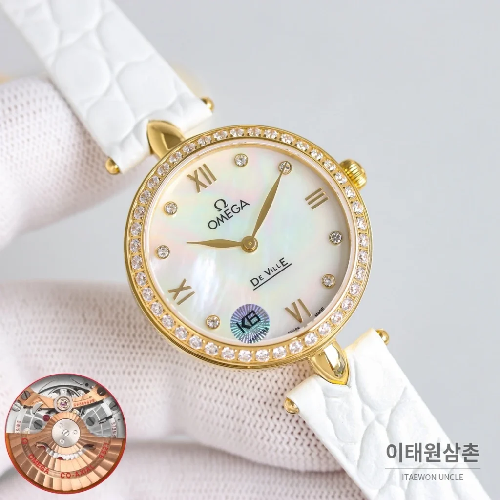 오메가 드빌 프레스티지 듀드롭 로즈골드 마더오브펄 다이아몬드 시계 32mm 자개 다이얼