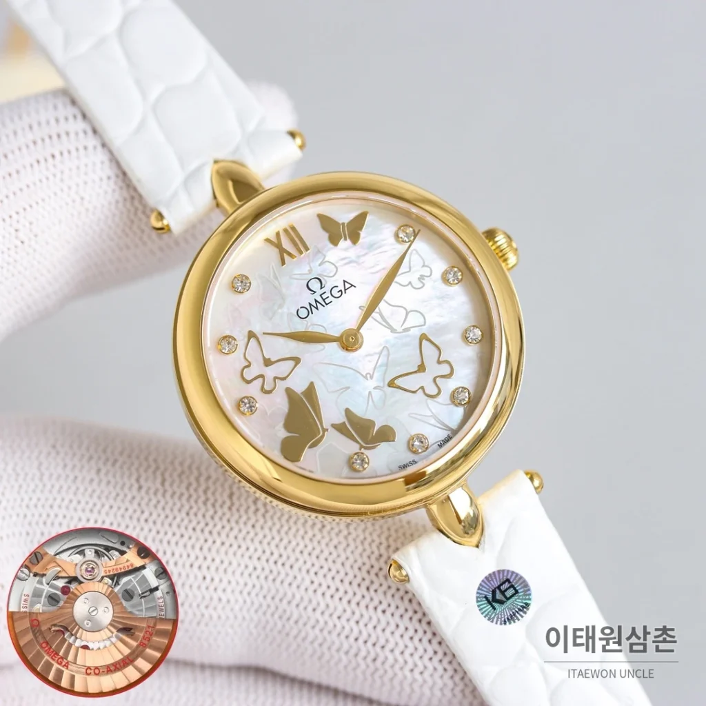 오메가 드빌 프레스티지 듀드롭 로즈골드 마더오브펄 다이아몬드 시계 32mm